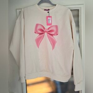 Nwt Edikted Cream Crewneck Sweatshirt Sweater Pink Bow Sz XS Extra Small